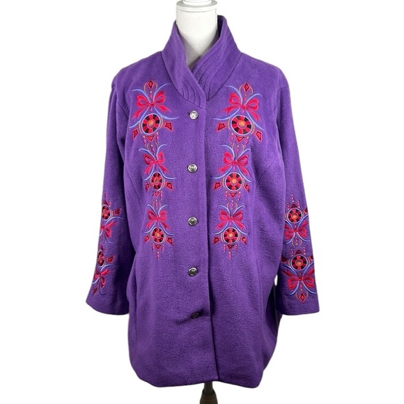 Bob Mackie Purple Floral Embroidered Fleece Button Down Jacket Art to Wear Sz 1X - Picture 1 of 6